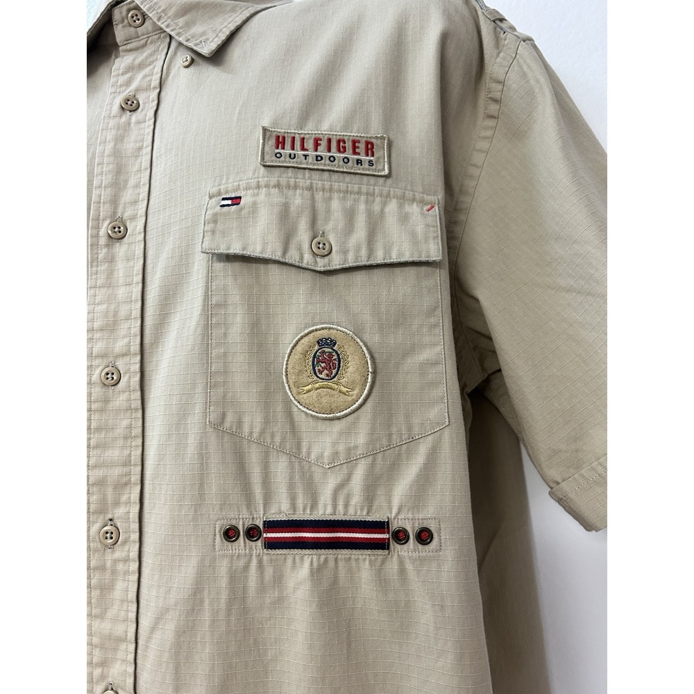 Vintage Tommy Hilfiger Shirt Men XL Tan Button Up Safari Patch Work - Picture 3 of 10